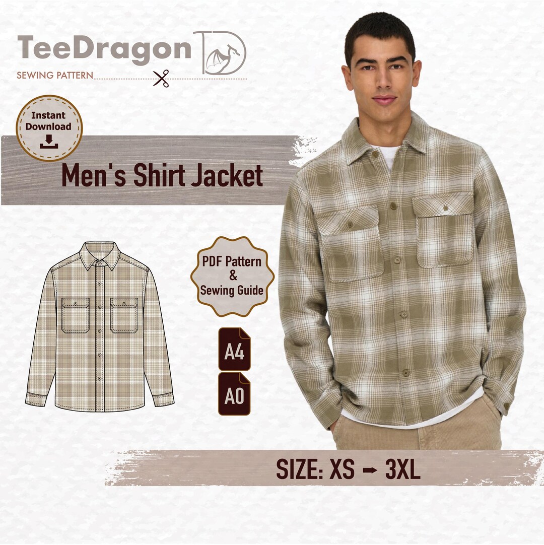 Men's Shirt Jacket Sewing Pattern PDF | DIY Jacket Pattern XS-3XL ...