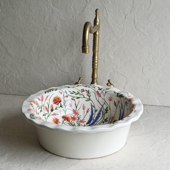 Flower Bathroom Sink l Handcrafted Ceramic Basin lVintage Floral Drop-In Sink l Decorative Vanity Sink