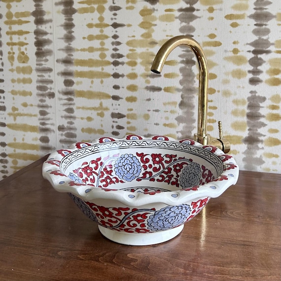 Handmade Blue & Red Floral Ceramic Vessel Sink l Hand-Painted Artisan Bathroom Basin with Scalloped Rim