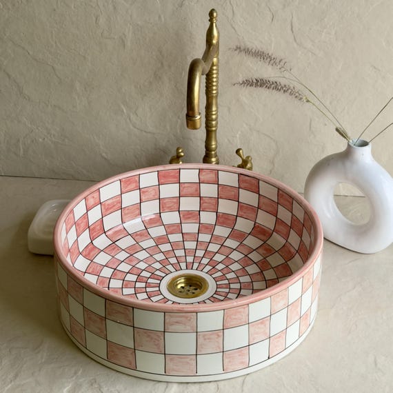 Pink Checkerboard Vessel Sink | Handmade Ceramic Bathroom Basin l Artisan Bathroom Sink l Artisan Checkerboard Ceramic Basin