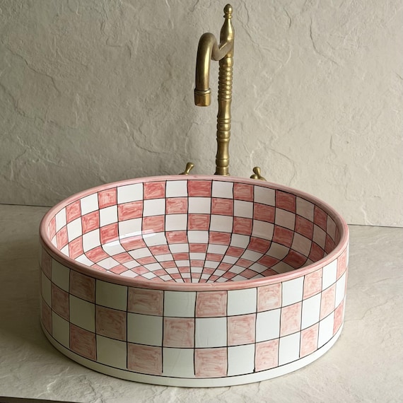 Pink & White Checker Sink l Handmade Ceramic Vessel Basinl Moroccan Bathroom Sink l Artisan Vanity Bowl