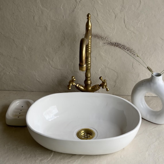White Oval Vessel Sink | Handmade Minimalist Ceramic Basin | Handmade Oval Wash Basin