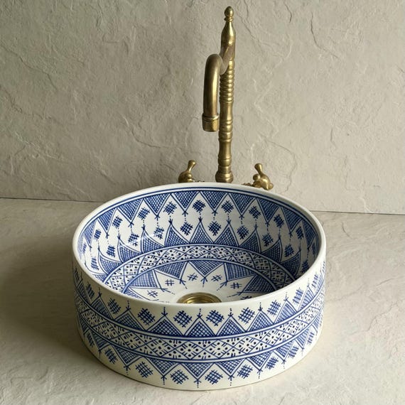Blue Moroccan Vessel Sink l Hand Painted Ceramic Bathroom Basin l White & Blue Geometric Vanity Bowl