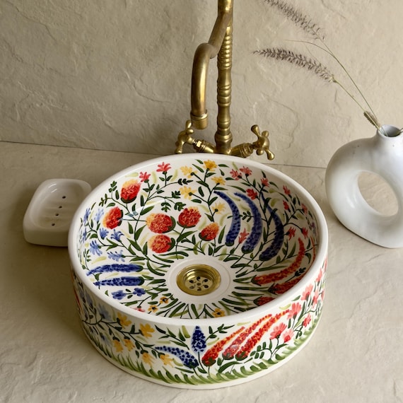 Botanical Ceramic Sink | Handmade Floral Ceramic Sink | Colorful Floral Bathroom Sink