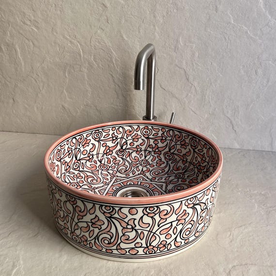 Red-Pink Floral Ceramic Vessel Sink l Round Bathroom Basin l Hand-Painted Moroccan Vanity Bowl