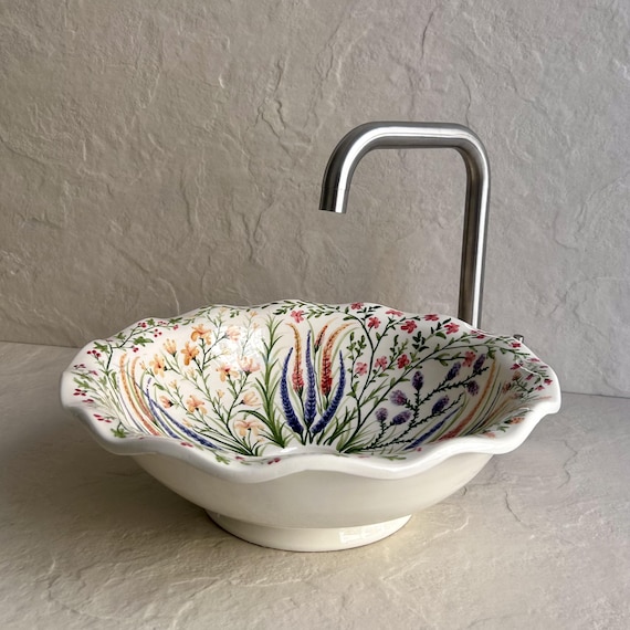 Cool Flower Ceramic Sink l Handcrafted Vessel Wash Bowl l Colorful Floral Shape Bathroom Basin