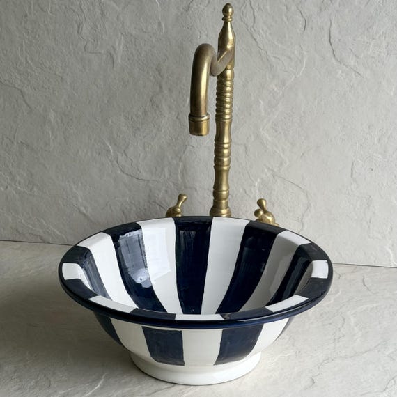 Blue & White Striped Vessel Sink l Handmade Ceramic Basin l Moroccan Bathroom Sink l Modern Vanity Bowl