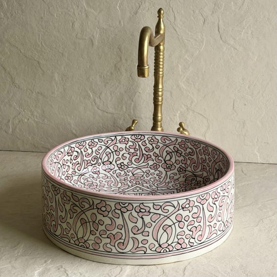 Floral Pink & White Moroccan Sink Pink l Artisan Ceramic Vessel Basin l Statement Vanity Bowl