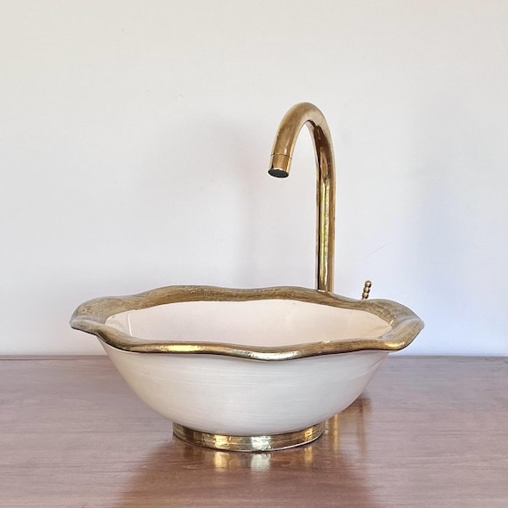 Handcrafted White Ceramic Sink with Brass Rim l Artisan Countertop Washbasin l Vanity Vessel Bowl