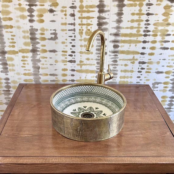 Brass Wrapped Ceramic Sink l Handmade Moroccan Vessel Sink l Luxury Countertop Bathroom Basin