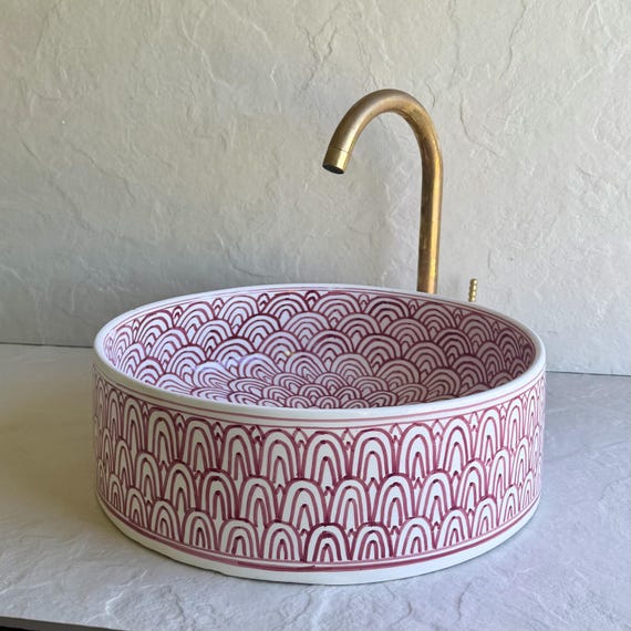 Pink & White Moroccan Ceramic Vessel Sink l Hand-Painted Bathroom Basin l Ceramic Washbasin Sink For Bathroom