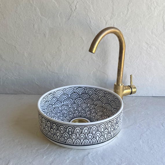 Hand Painted Black White Vessel Sink l Floral Mandala Ceramic Bathroom l Black and White Floral Vessel Sink