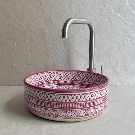 Pink & White Moroccan Vessel Sink l Hand-Painted Round Ceramic Bathroom Basin l Artisan l Ceramic Washbasin Sink