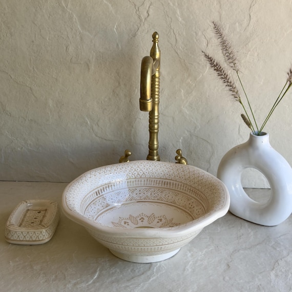 Hand Painted Beige Moroccan Sink | Floral Ceramic Vessel Basin l  Moroccan Flower Vessel Sink