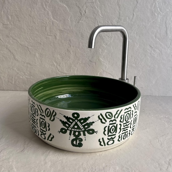 Handcrafted Bathroom Basin l Hand-Painted Vanity Wash Bowl l Andalusian Emerald Green Ceramic Vessel Sink