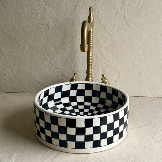Modern Checkerboard Sink l Black White Ceramic Vessel Basin l Artisan Bathroom Sink l Statement Vanity Bowl