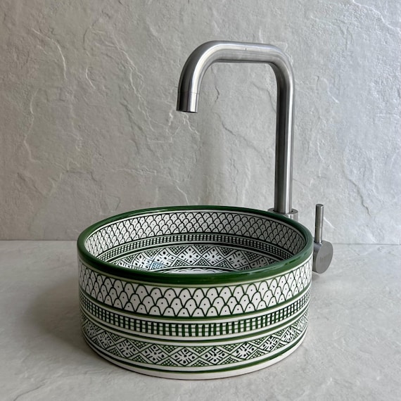 Round Green Vessel Sink l Hand-Painted Ceramic Basin for Bathroom Vanity l Countertop Wash Bowl