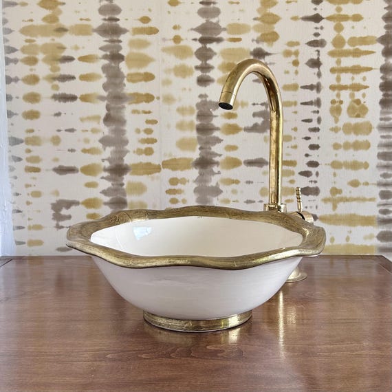 White drop-in Flower Ceramic Sink with Brass Rim & Base l Handmade Farhouse Bathroom Basin l Custom Vanity Sink