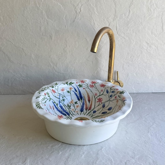 Hand Painted Floral Vessel Sink l White Flower Shaped Ceramic Bathroom Basin l Decorative Ceramic Bathroom Basin