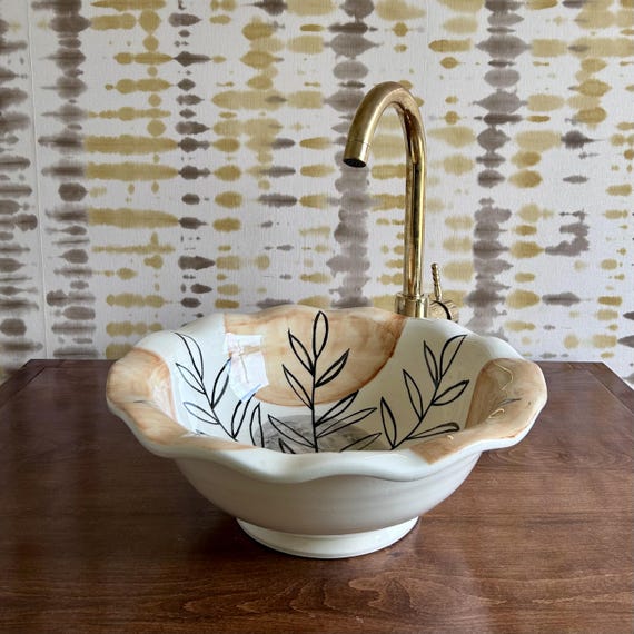 Beige Botanical Ceramic Vessel Sink l Handmade Floral Bathroom Basin | Scalloped Countertop Sink