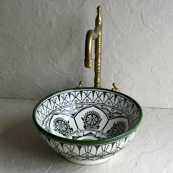 Moroccan Ceramic Sink Green White l Handmade Vessel Basin l Decorative Bathroom Sink l Boho Vanity Sink
