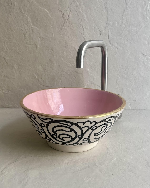 Pink Ceramic Vessel Sink with Gold Rim l Handcrafted Bathroom Basin l Modern Countertop Sink Bowl