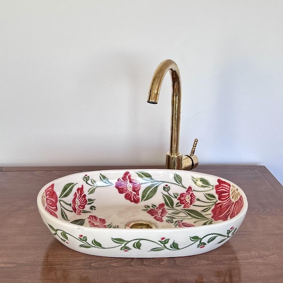 Red Flower Vanity Sink |  Oval Hand Painted Floral Vessel Sink | Ceramic Bathroom Countertop Basin