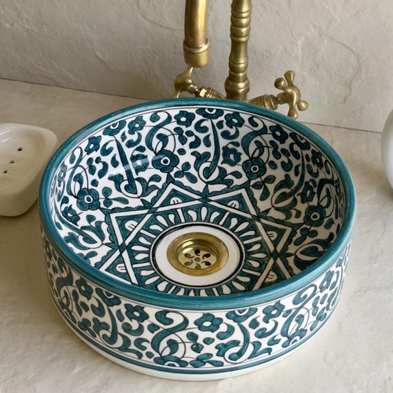 Pink Flower Pattern Vessel Sink l Moroccan Ceramic Bathroom Basin l Hand-Painted Vanity Bowl l Round Countertop Wash Sink