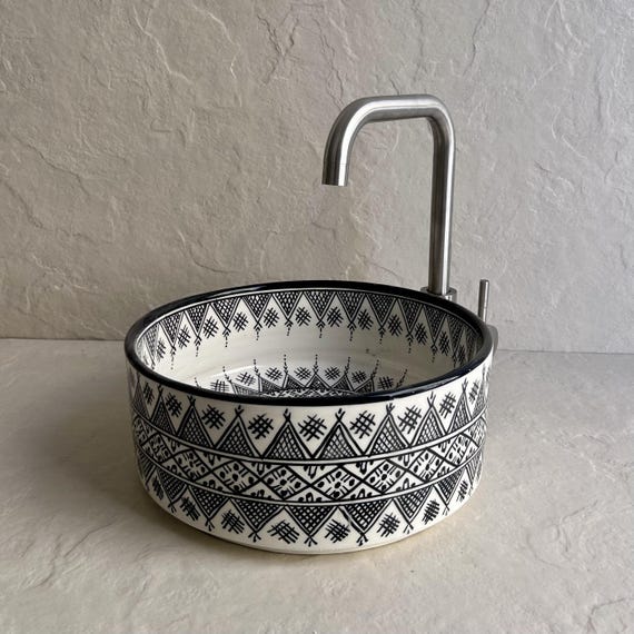 Black & White Ceramic Vessel Sink l Artisan Moroccan Bathroom Basin l Handcrafted Round Washbowl