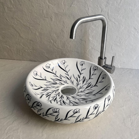 Round Handcrafted Ceramic Sink l Minimal Black Floral Vessel Basin l Modern Bathroom Vanity WashBasin