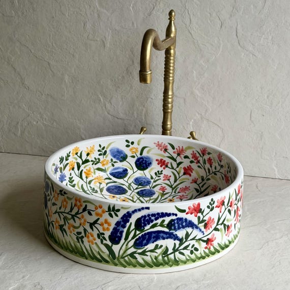 Floral Moroccan Vessel Sink l Hand Painted Ceramic Basin l Botanical Bathroom Sink l Artisan Vanity Bowl