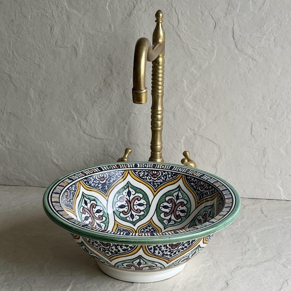 Colorful Moroccan Drop-In Sink l Hand Painted Ceramic Basin l Handmade Floral Sink l Vanity Sink Bowl