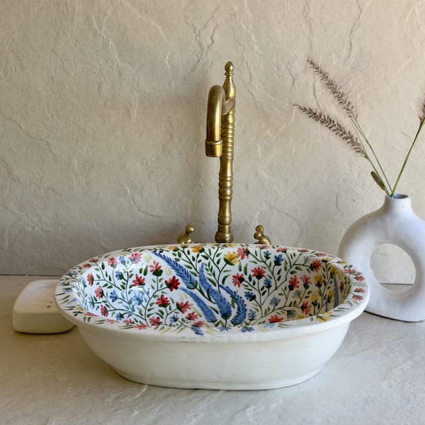 Floral Ceramic Drop In Sink l Hand Painted Floral Sink | Botanical Oval Ceramic Bathroom Basin