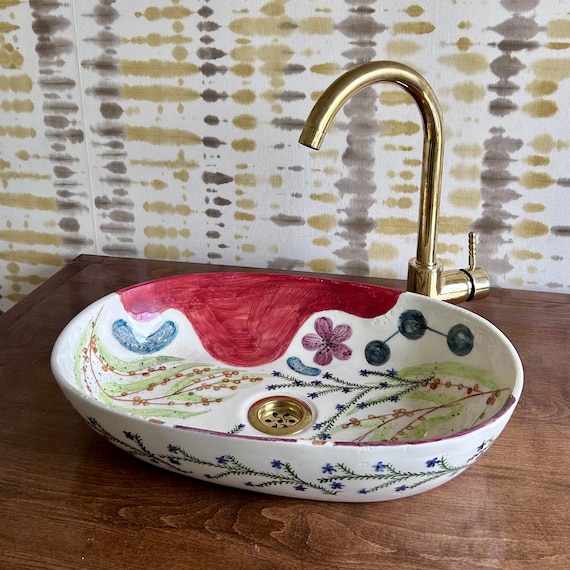 Mid Century Oval Vessel Sink | Hand Painted Floral Ceramic Bathroom Basin
