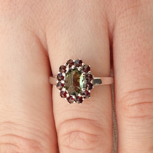 Silver ring camellia with natural rare green Czech moldavite and garnets any size 6 7 8 Ag 925 Sterling Silver 22 K certificate authenticity