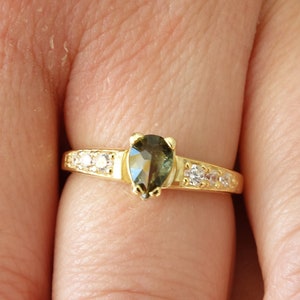 Gold plated moldavite engagement ring silver ring with faceted pear Czech vltavin and zirconia certificate any size 6 7 8 9 in stock