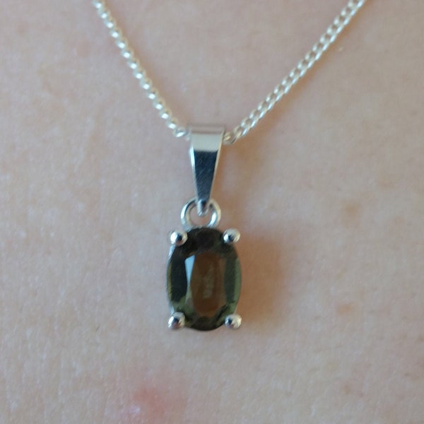 Silver moldavite pendant Small oval vltavin necklace Rare stone jewelry Gift for her