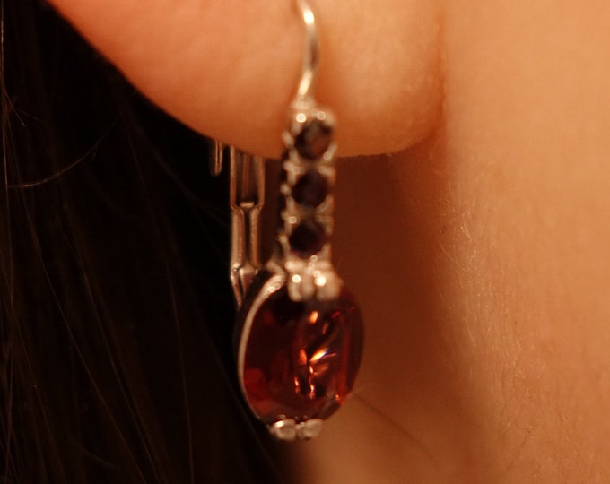 Silver Czech garnet earrings January birthstone with zirconia for women with genuine gemstone pyrope natural stone certificate authenticity