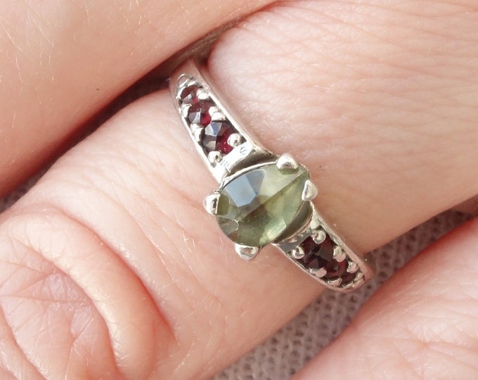 Silver ring Orion with Czech meteorite moldavite and garnets 925 Sterling Silver 22 K certificate authenticity, any size to order 6 7 8 9