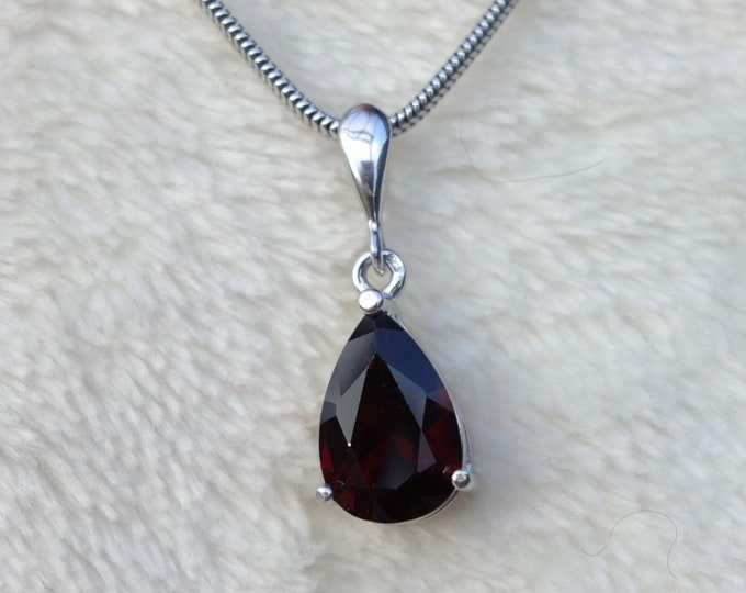Silver pendant drop pear shaped garnet January birthstone Natural Czech red pyrope Red gemstone certificated natural mineral, sterling Ag
