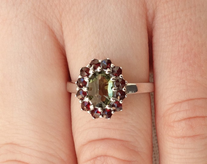 Silver ring camellia with natural rare green Czech moldavite and garnets any size 6 7 8 Ag 925 Sterling Silver 22 K certificate authenticity