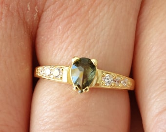 Gold plated moldavite engagement ring silver ring with faceted pear Czech vltavin and zirconia certificate any size 6 7 8 9 in stock