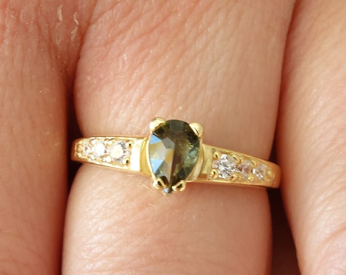 Gold plated moldavite engagement ring silver ring with faceted pear Czech vltavin and zirconia certificate any size 6 7 8 9 in stock