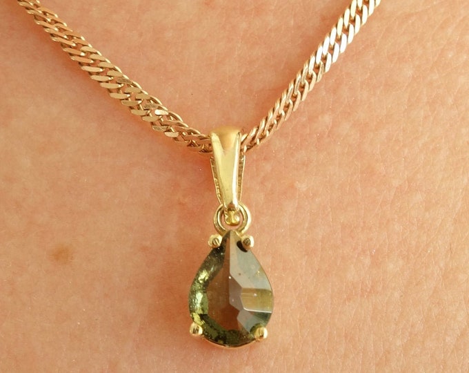 Gold plated silver pendant necklace Forest green with natural faceted real Czech meteorite moldavite - vltavin with certificate authenticity