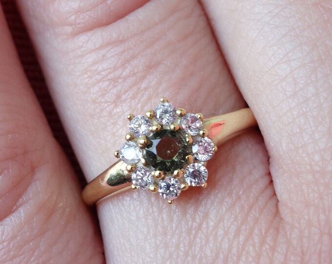 Gold plated gilded Silver 925 ring Snowdrop with faceted moldavite vltavin, 22K, certificate authenticity any size 6 7 8 9 custom in stock