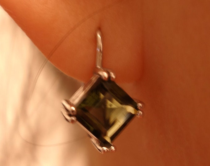 Silver square faceted moldavite earrings Natural rhombus vltavin Lever back Rare gemstone Cosmic jewelry certificate of authenticity