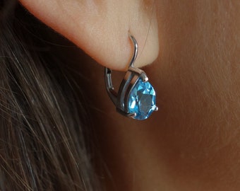 Silver drop shaped earrings with topaz Swiss blue