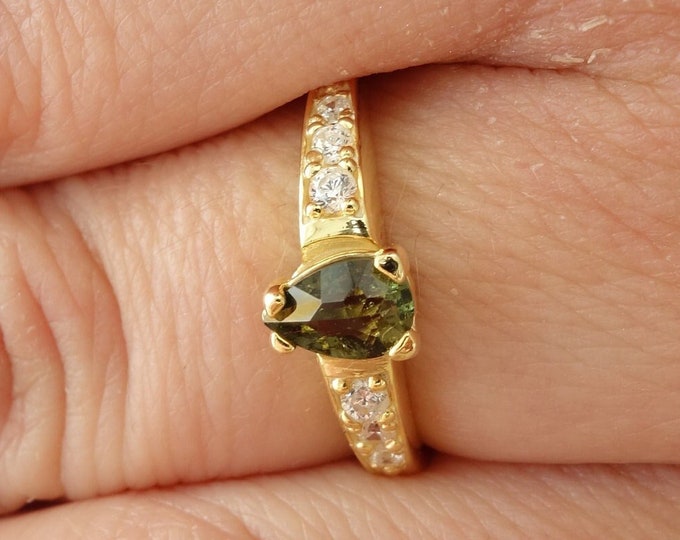 Luxury Ring Sirius with faceted certificated pear drop real Czech certificated moldavite vltavin and cubic zirconia, engagement ring