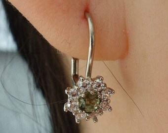 Silver earrings Snowdrop with French lock faceted real flower moldavite - vltavin and cubic clear zircon with certificate authenticity