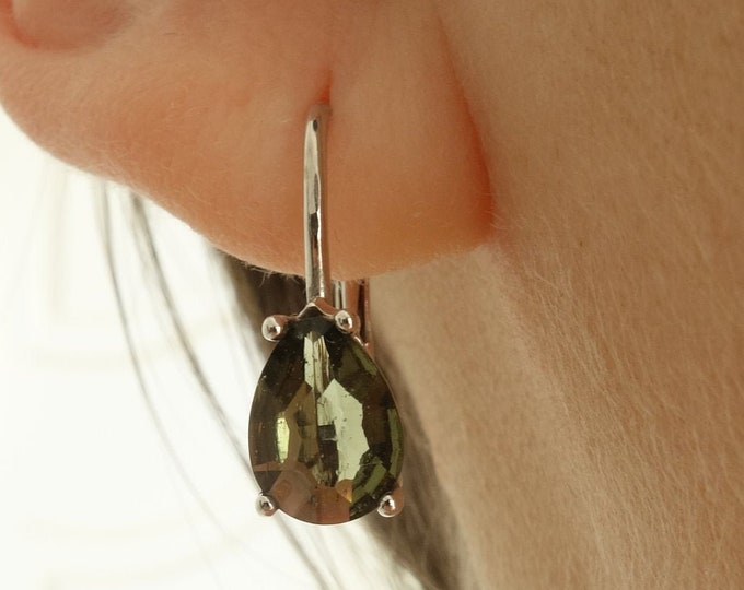 Faceted Moldavite silver earrings in the form of a drop Czech stone of meteorite origin vltavin gift for her certificate of authenticity